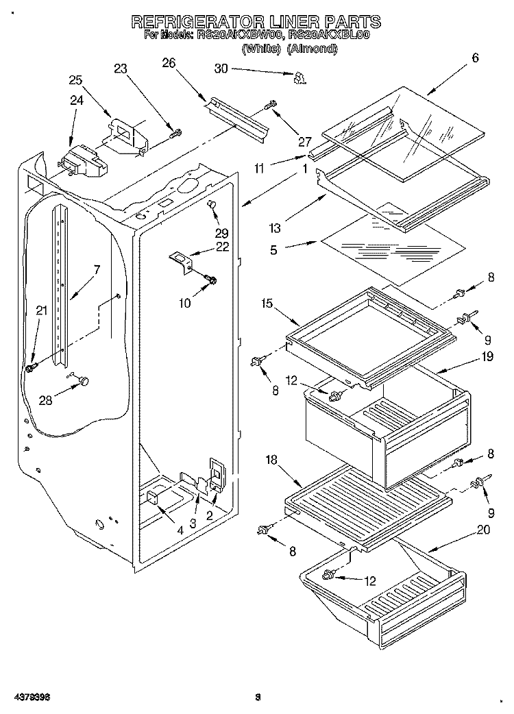 REFRIGERATOR LINER Diagram and Parts List for RS20AKXBW00  Roper Refrigerator
