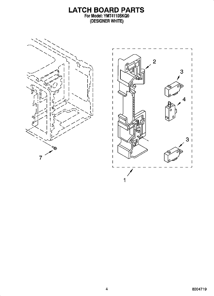 LATCH BOARD PARTS Diagram and Parts List for YMT4110SKQ0  Whirlpool Microwave