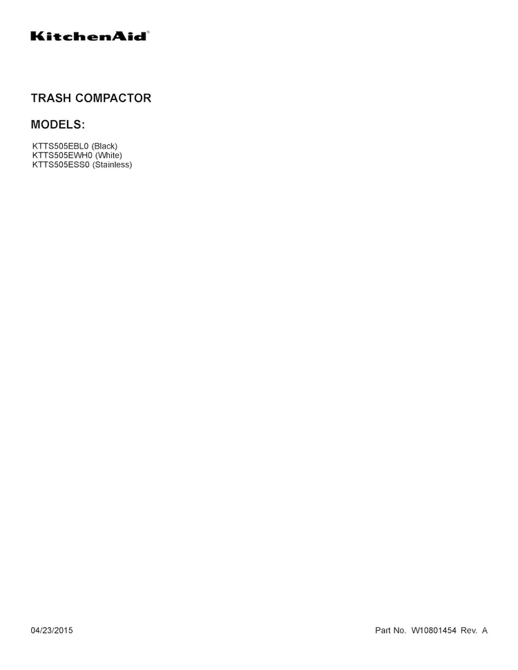 Cover Sheet Diagram and Parts List for KTTS505EWH0  KitchenAid Trash Compactor