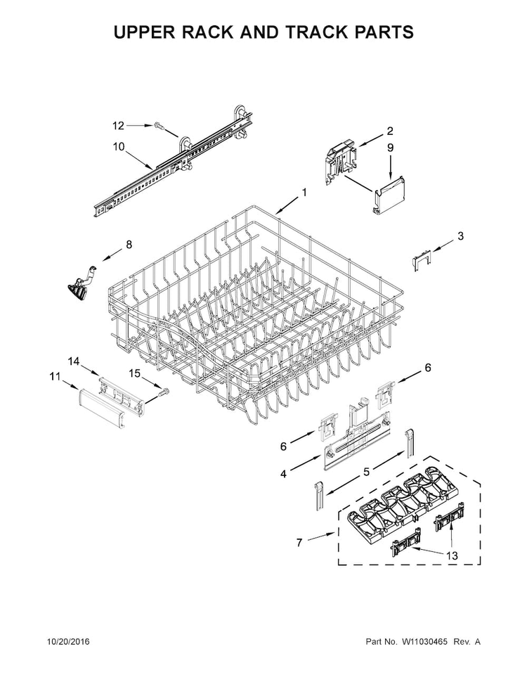 Upper Rack And Track Parts Diagram and Parts List for KDFE204EBL3  KitchenAid Dishwasher