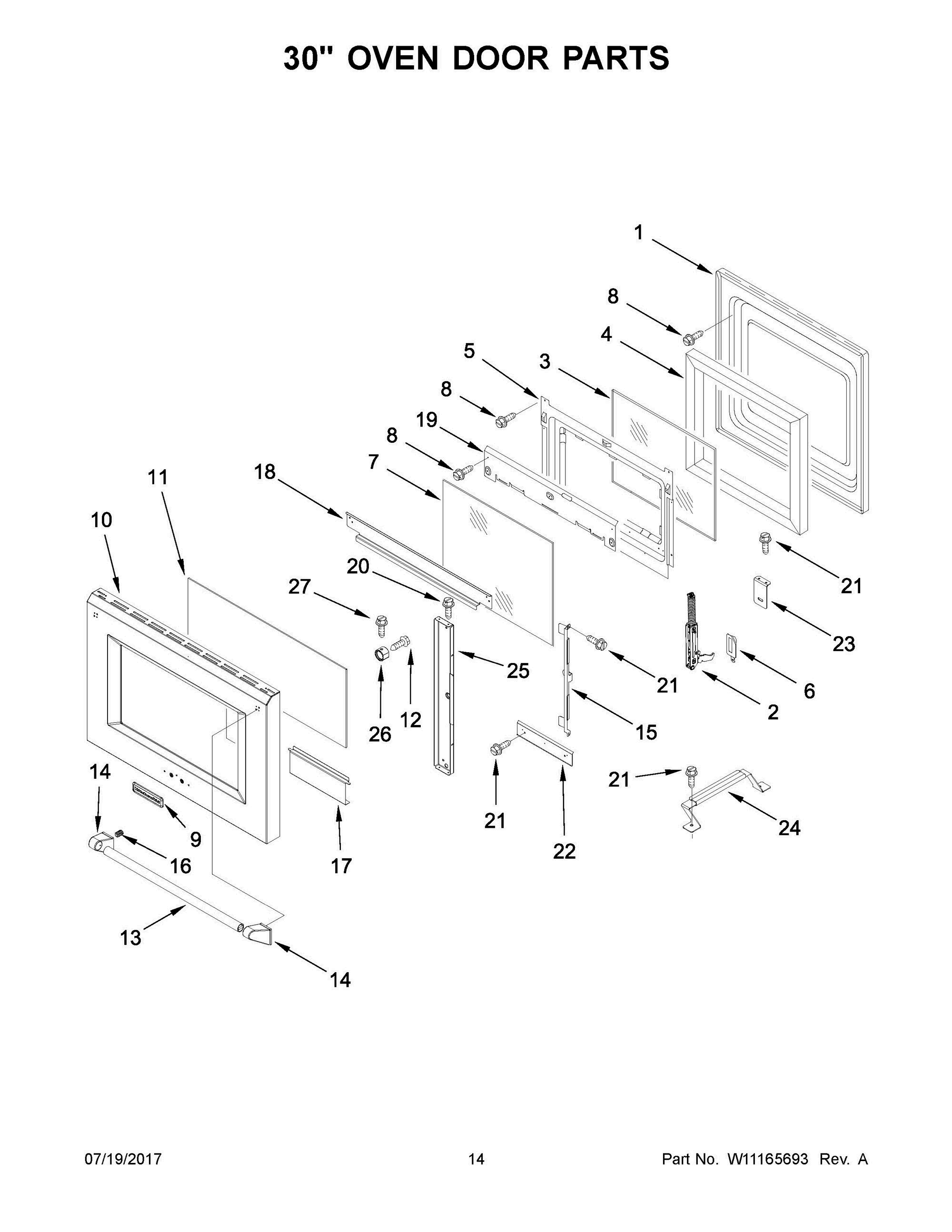 08 - 30" OVEN DOOR PARTS Diagram and Parts List for KDRS483VBU01  Whirlpool Range