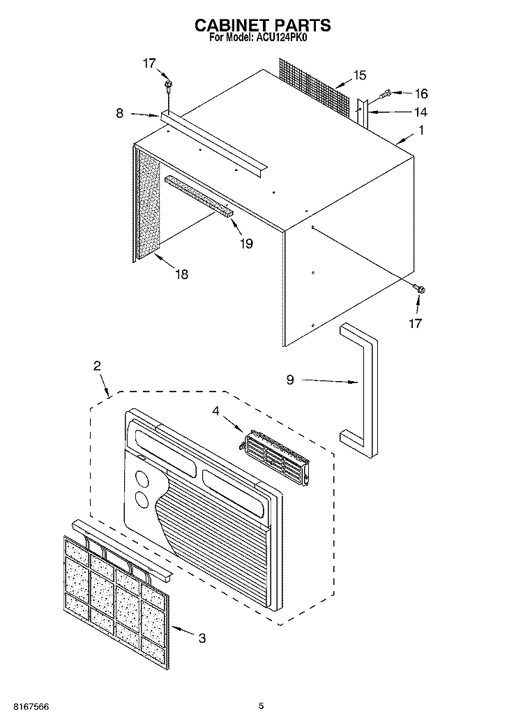 CABINET PARTS Diagram and Parts List for ACU124PK0  Whirlpool Air Conditioner