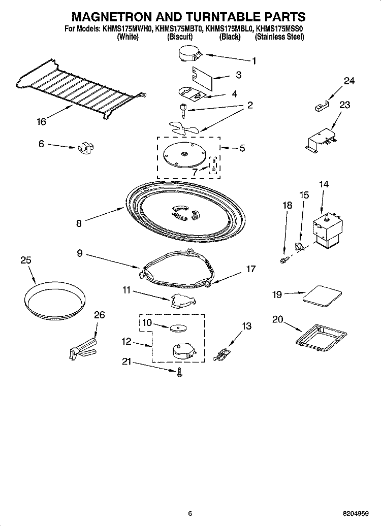 MAGNETRON AND TURNTABLE PARTS Diagram and Parts List for KHMS175MWH0  KitchenAid Microwave
