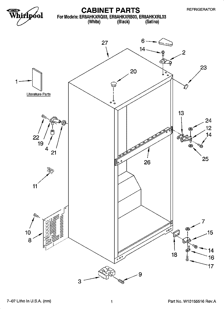 CABINET PARTS Diagram and Parts List for ER8AHKXRB03  Whirlpool Refrigerator