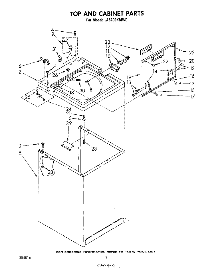 TOP AND CABINET , LITERATURE AND OPTIONAL Diagram and Parts List for LA3400XMW0  Whirlpool Washer