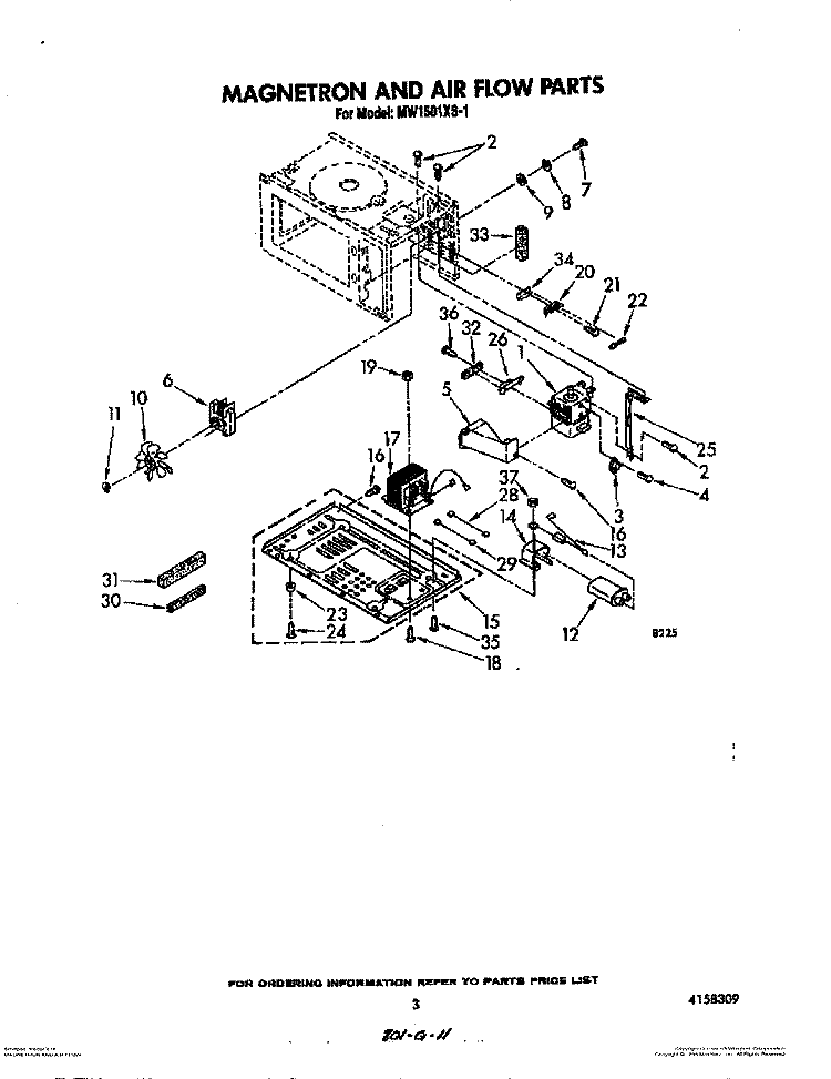 MAGNETRON AND AIR FLOW Diagram and Parts List for MW1501XS1  Whirlpool Microwave