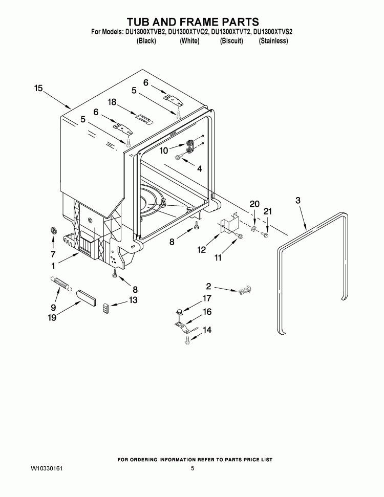 TUB AND FRAME PARTS Diagram and Parts List for DU1300XTVQ2  Whirlpool Dishwasher