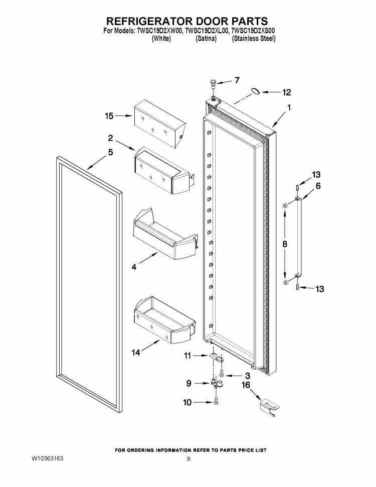 REFRIGERATOR DOOR PARTS Diagram and Parts List for 7WSC19D2XS00  Whirlpool Refrigerator