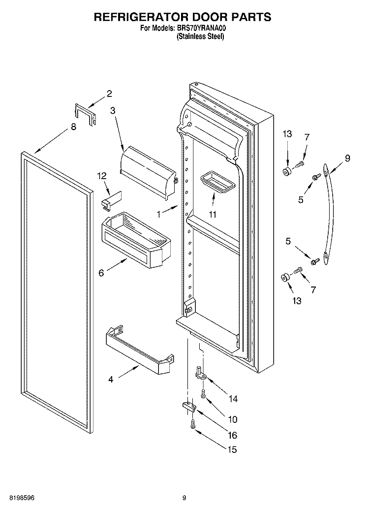 REFRIGERATOR DOOR PARTS Diagram and Parts List for BRS70YRANA00  Whirlpool Refrigerator