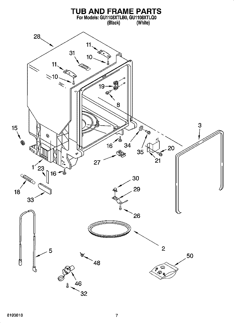 TUB AND FRAME PARTS Diagram and Parts List for GU1108XTLQ0  Whirlpool Dishwasher
