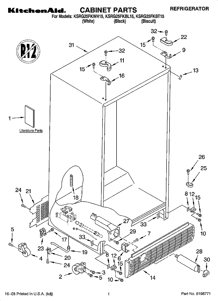 CABINET PARTS Diagram and Parts List for KSRG25FKBL15  KitchenAid Refrigerator
