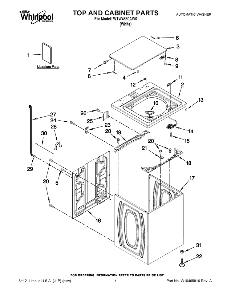 TOP AND CABINET PARTS Diagram and Parts List for WTW4880AW0  Whirlpool Washer