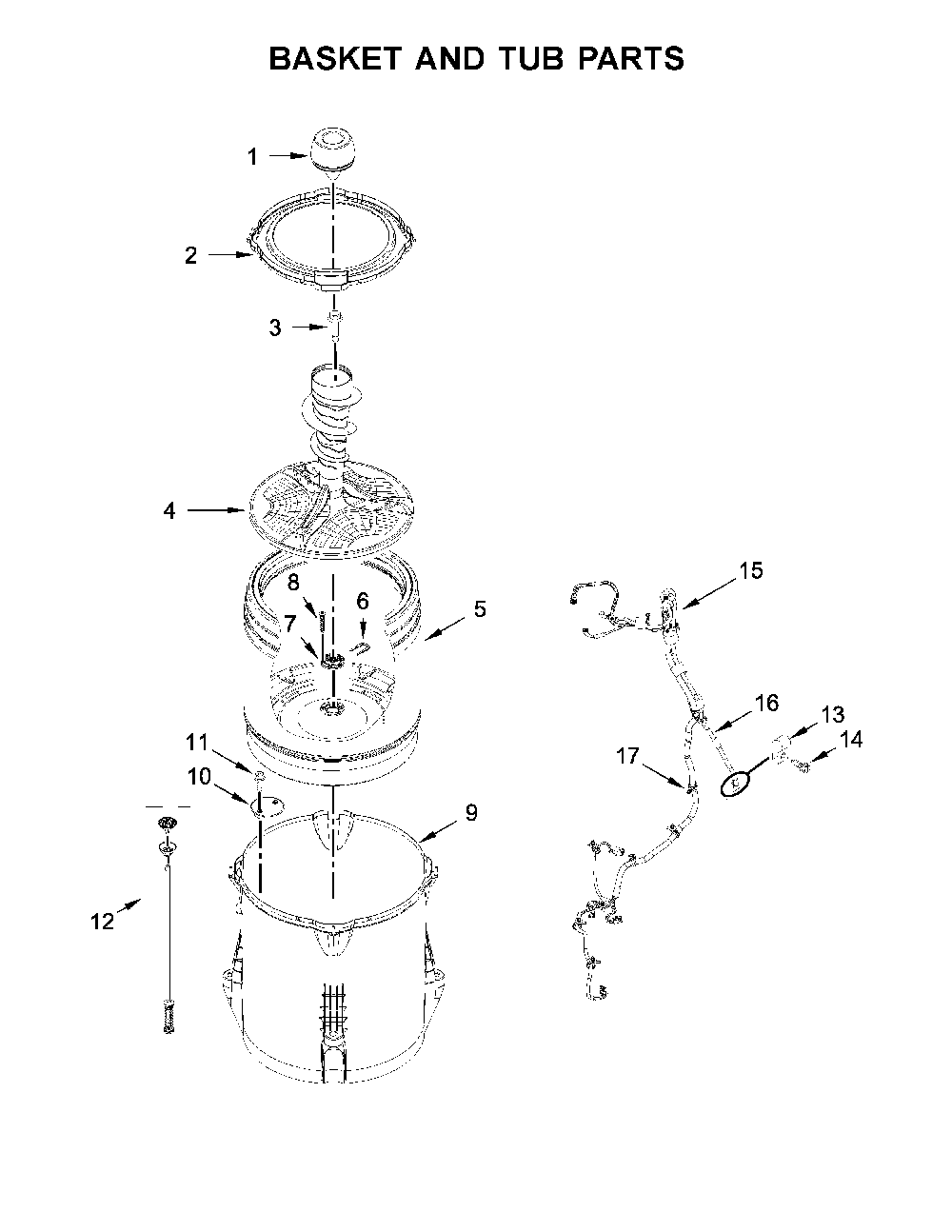 Basket and tub parts Diagram and Parts List for 11022352511  Kenmore Washer