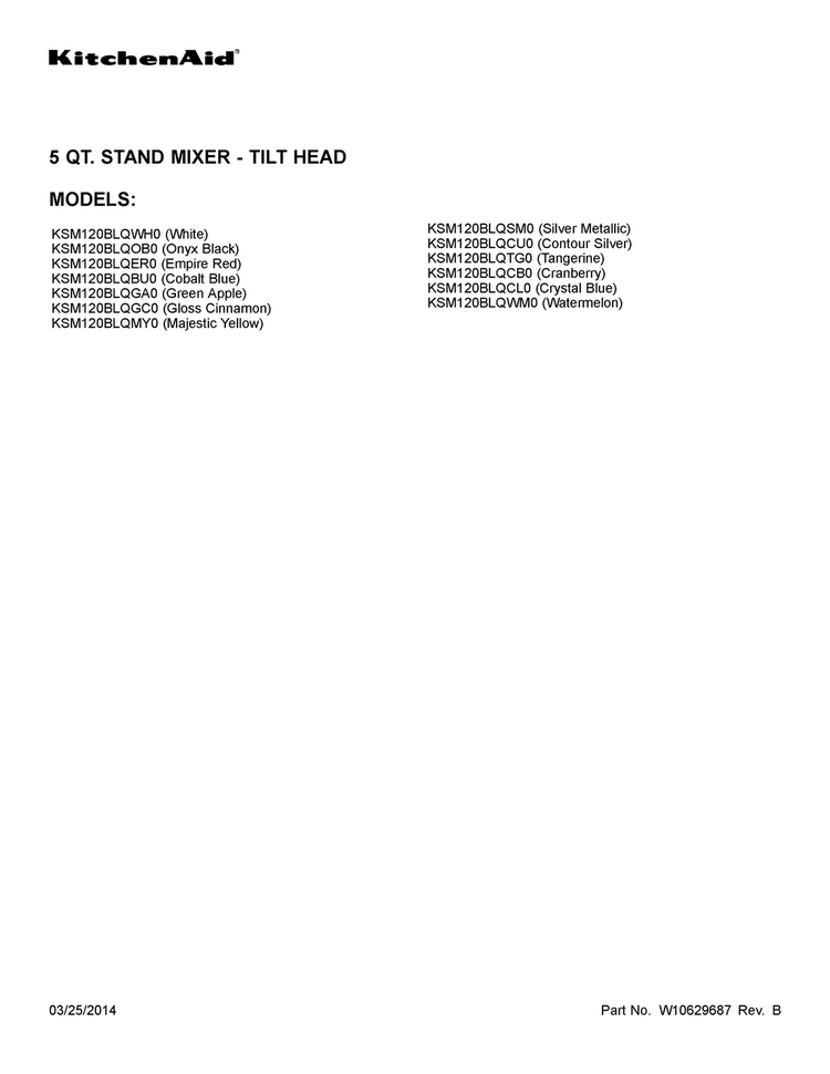 Cover Sheet Diagram and Parts List for KSM120BLQCU0  KitchenAid Mixer