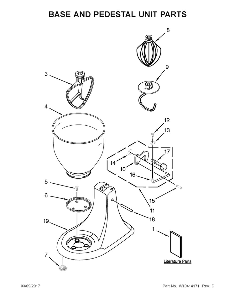 Base And Pedestal Unit Parts Diagram and Parts List for 9KSM95ER0  KitchenAid Mixer