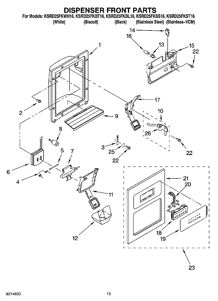 DISPENSER FRONT PARTS Diagram and Parts List for KSRD25FKBT16  KitchenAid Refrigerator