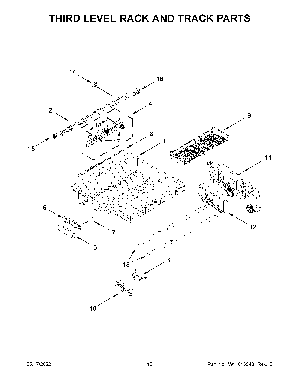 Third Level Rack And Track Parts Diagram and Parts List for KDTM404KPS1  KitchenAid Dishwasher