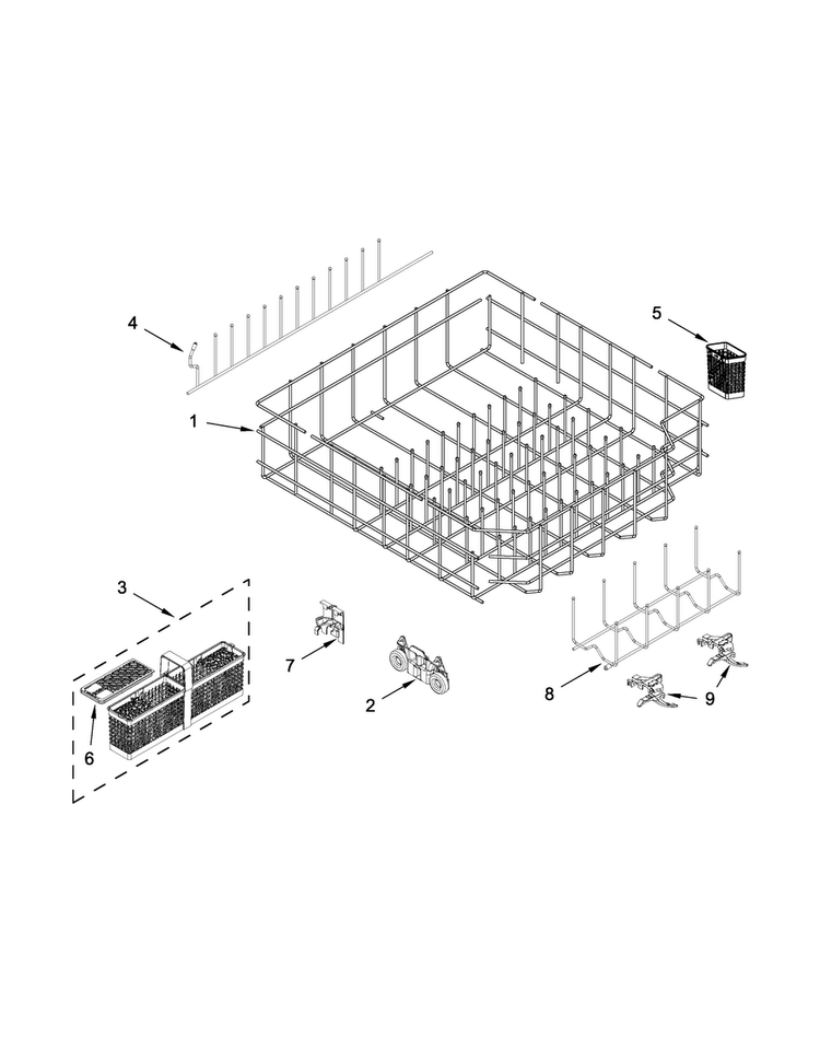 Lower Rack Parts Diagram and Parts List for KDTM354ESS0  KitchenAid Dishwasher