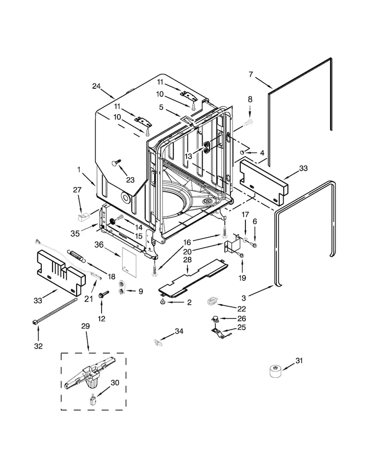 Tub And Frame Parts Diagram and Parts List for KUDS30SXSS9  KitchenAid Dishwasher