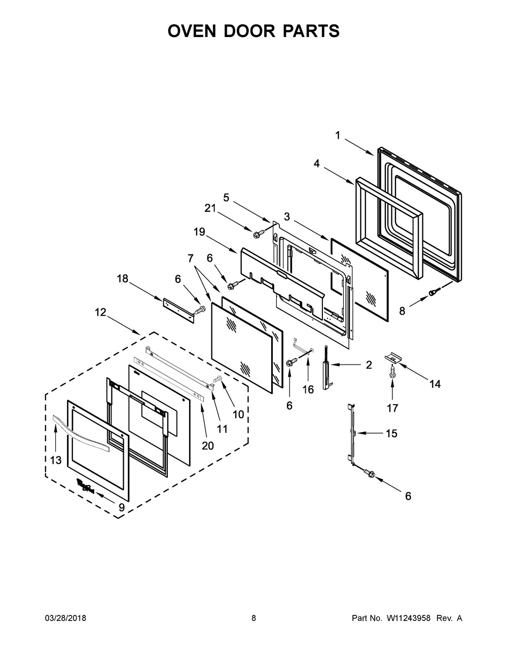 Oven Door Parts Diagram and Parts List for WOD51ES4EB01  Whirlpool Wall Oven