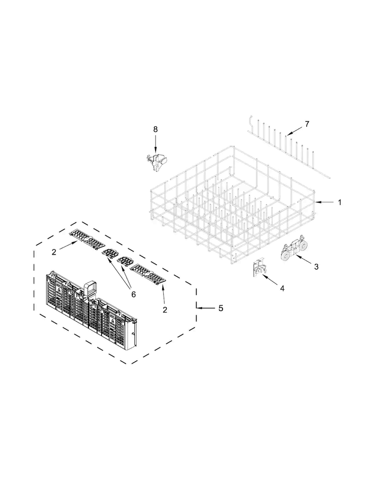 Lower Rack Parts Diagram and Parts List for WDF760SADW1  Whirlpool Dishwasher