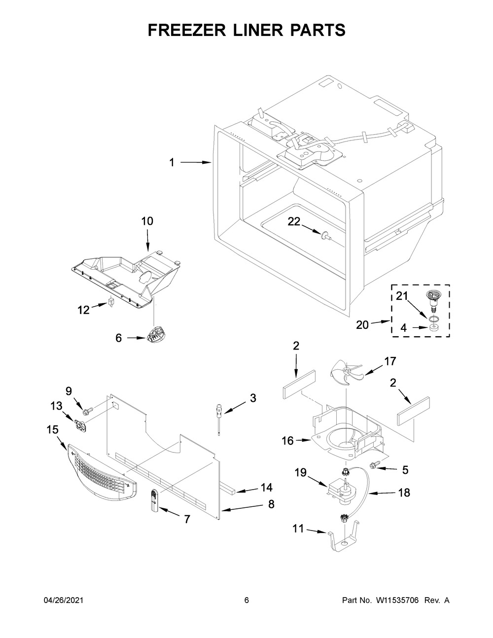 Freezer Liner Parts Diagram and Parts List for ABB1921BRB03  Whirlpool Refrigerator
