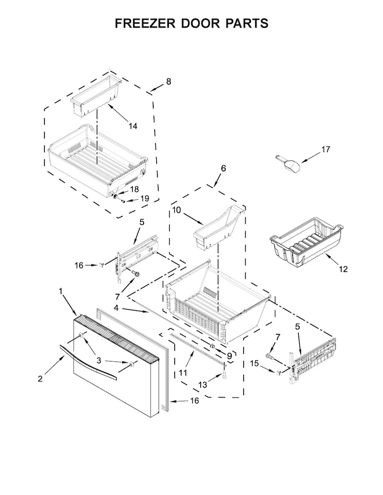 Freezer Door Parts Diagram and Parts List for WRV986FDEM01  Whirlpool Refrigerator
