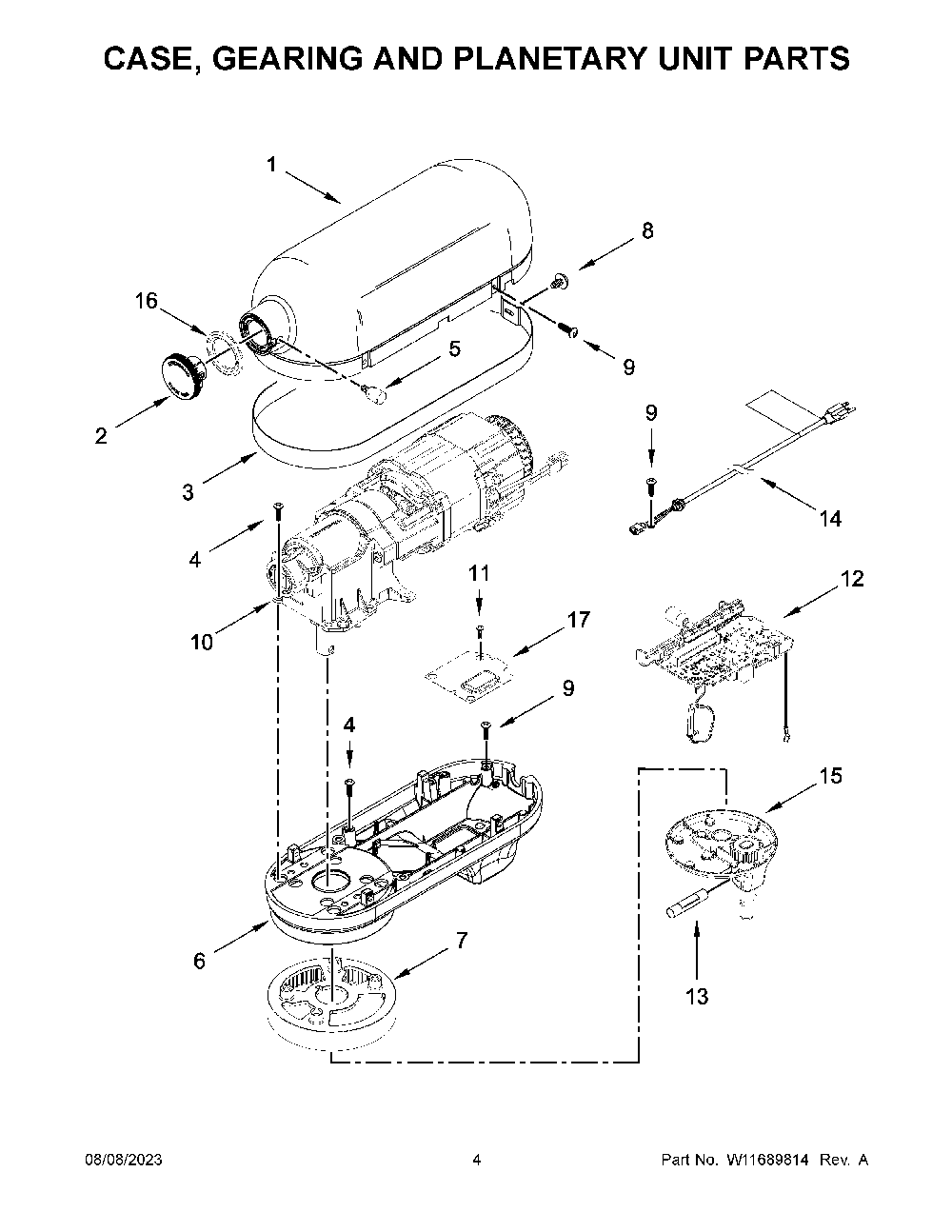 Case, Gearing And Planetary Unit Parts Diagram and Parts List for 5KSM55SXXDER0  KitchenAid Mixer