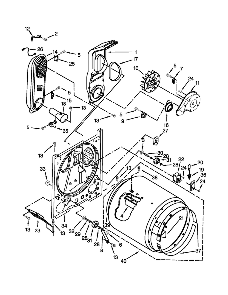 Bulkhead Parts Diagram and Parts List for 7MMGDC410BW0  Whirlpool Dryer