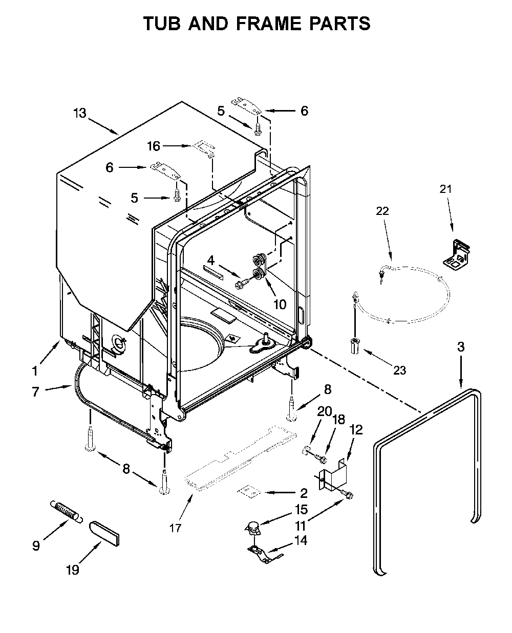 Tub and frame parts Diagram and Parts List for WDF520PADB9  Whirlpool Dishwasher