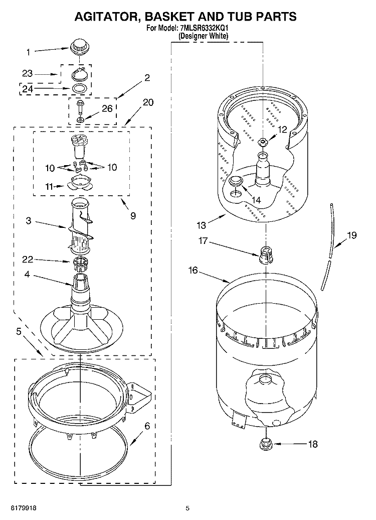 AGITATOR, BASKET AND TUB Diagram and Parts List for 7MLSR6332KQ1  Whirlpool Washer
