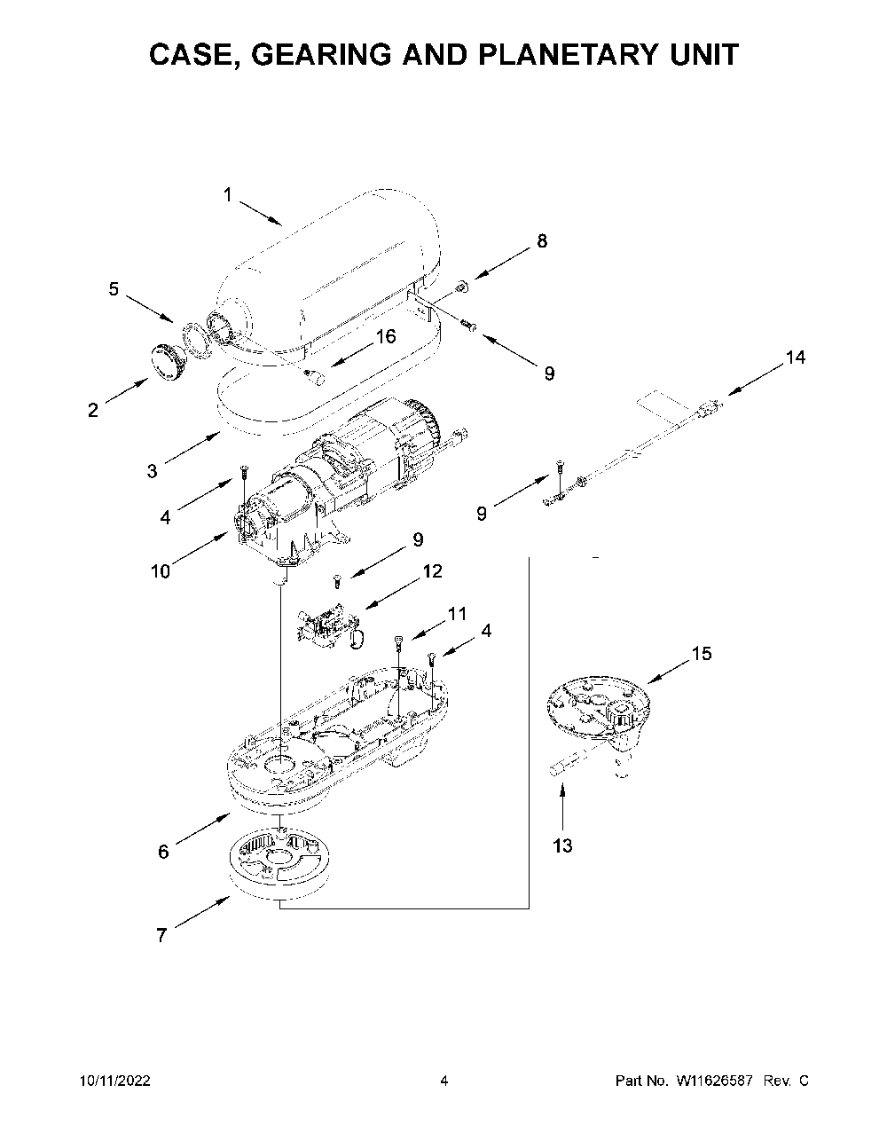 Case, Gearing And Planetary Unit Diagram and Parts List for KSM70SNDXCU0  KitchenAid Mixer