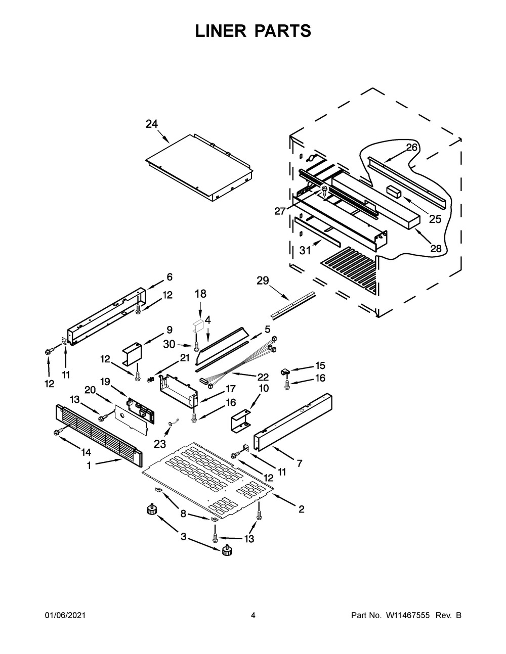 Liner Parts Diagram and Parts List for JUCFP242HX00  Whirlpool Refrigerator