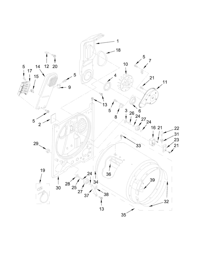Bulkhead Parts Diagram and Parts List for 1CWED4800DQ0  Whirlpool Dryer