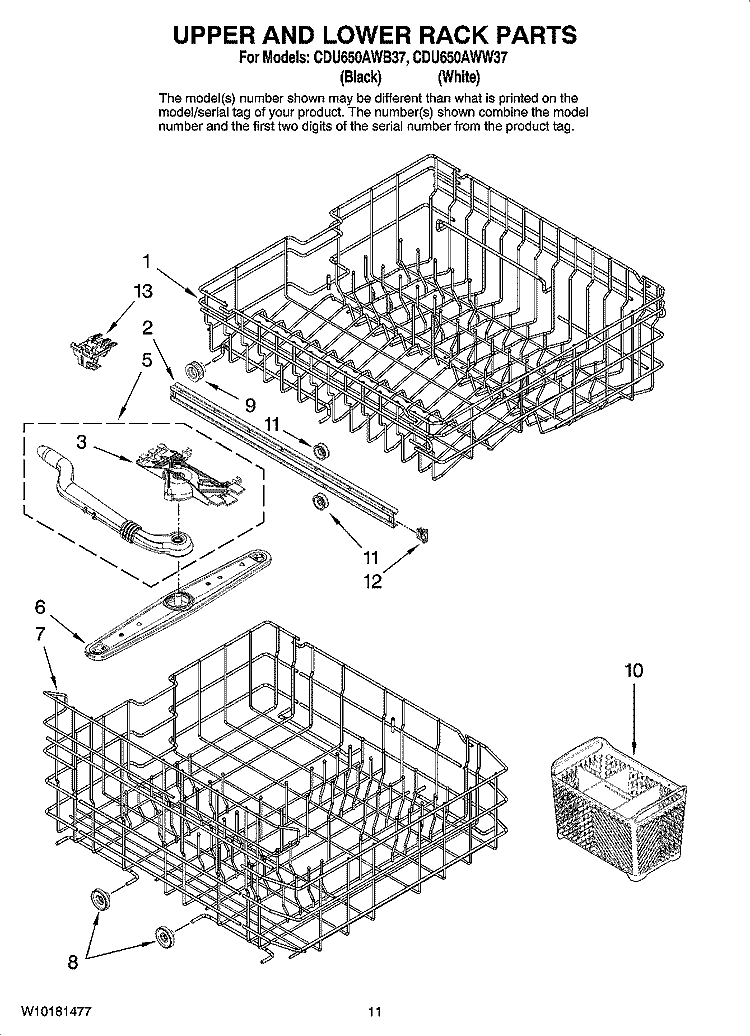 UPPER AND LOWER RACK PARTS Diagram and Parts List for CDU650AWB37  Crosley Dishwasher