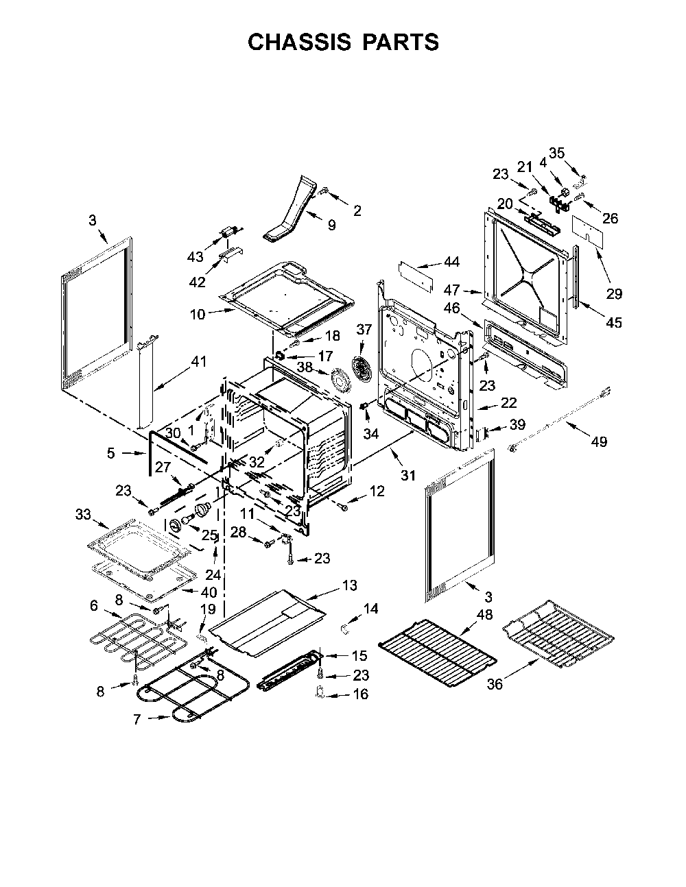 Chassis parts Diagram and Parts List for 664C95123611  Kenmore Range