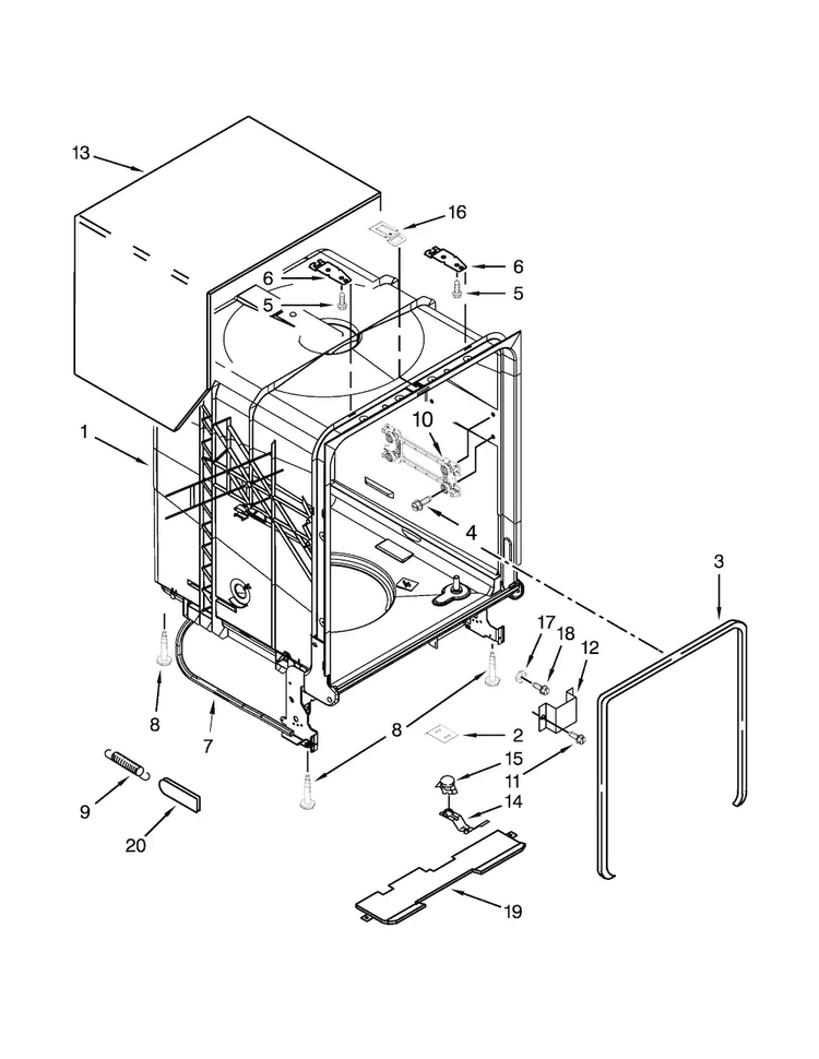 Tub And Frame Parts Diagram and Parts List for WDT710PAYB6  Whirlpool Dishwasher