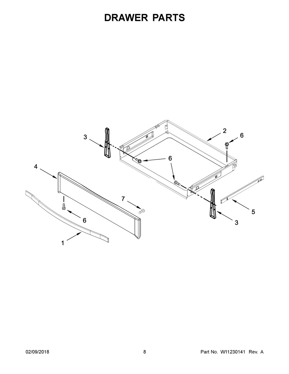 Drawer Parts Diagram and Parts List for WEE745H0FS2  Whirlpool Range