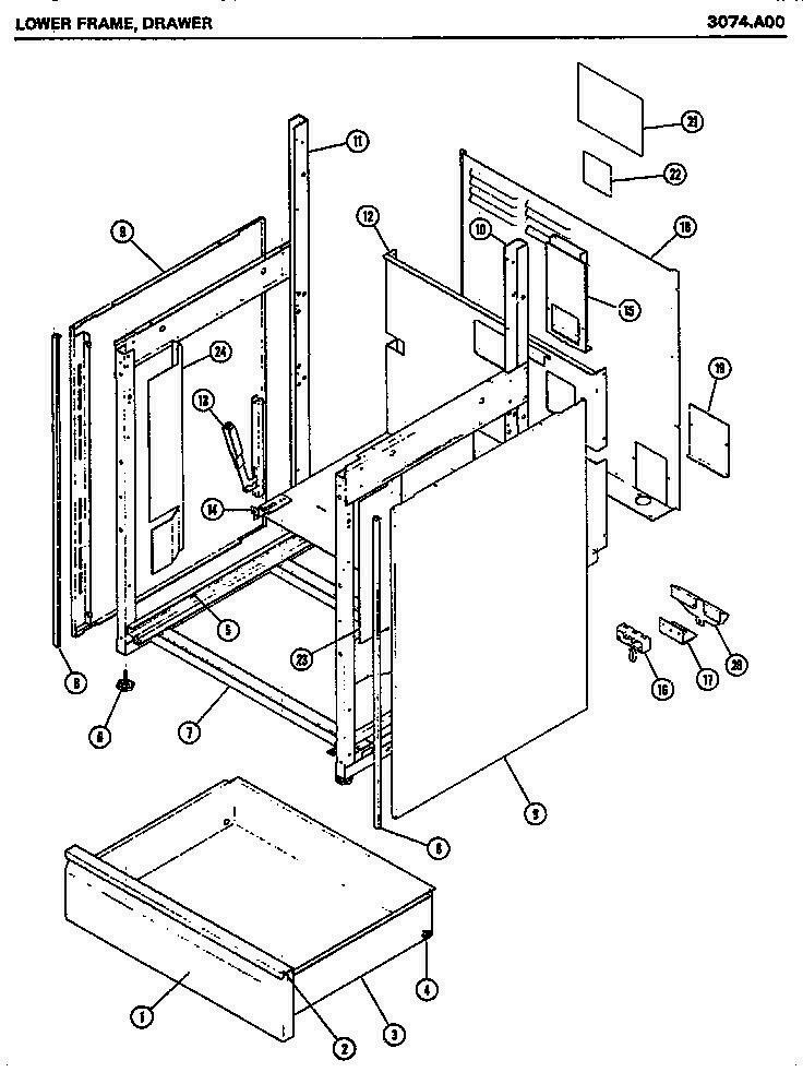 02 - LOWER FRAME Diagram and Parts List for 3074A00  Whirlpool Range