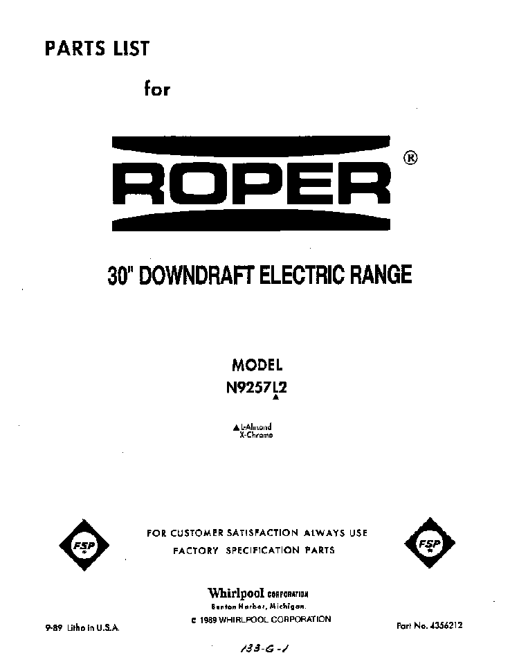 Front Cover Diagram and Parts List for N9257*2  Roper Range