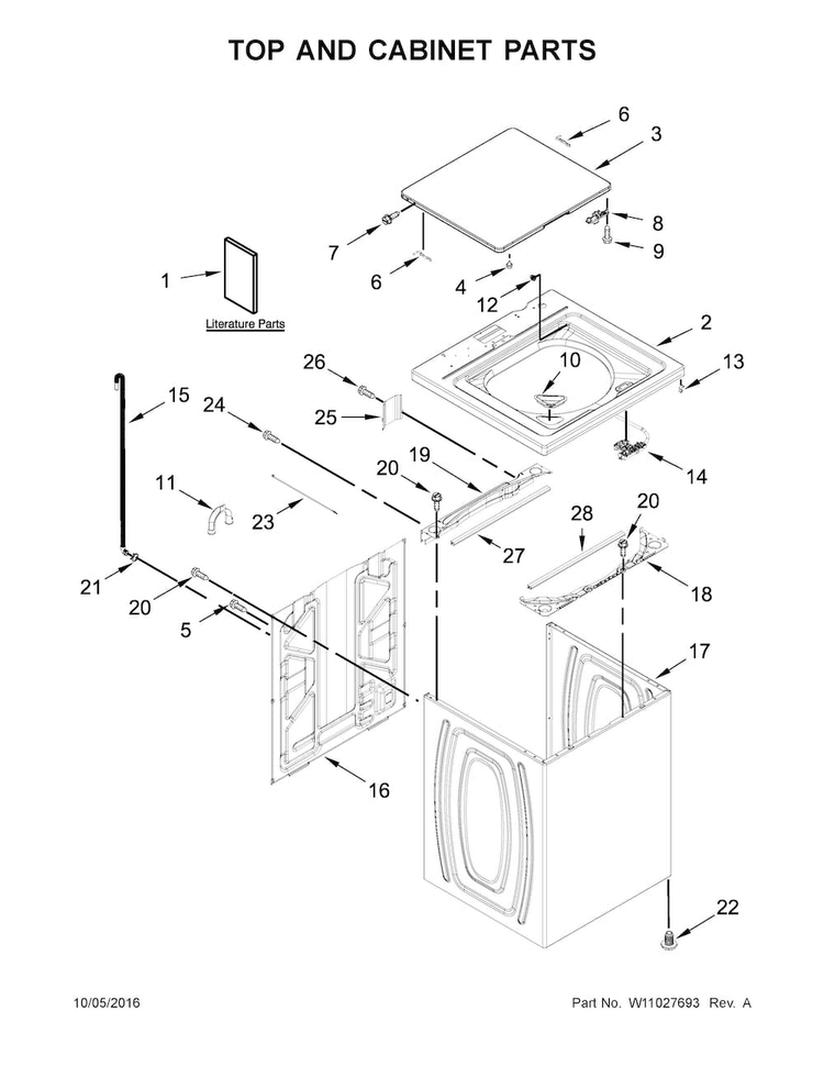 Top And Cabinet Parts Diagram and Parts List for 4KWTW4845FW0  Whirlpool Washer