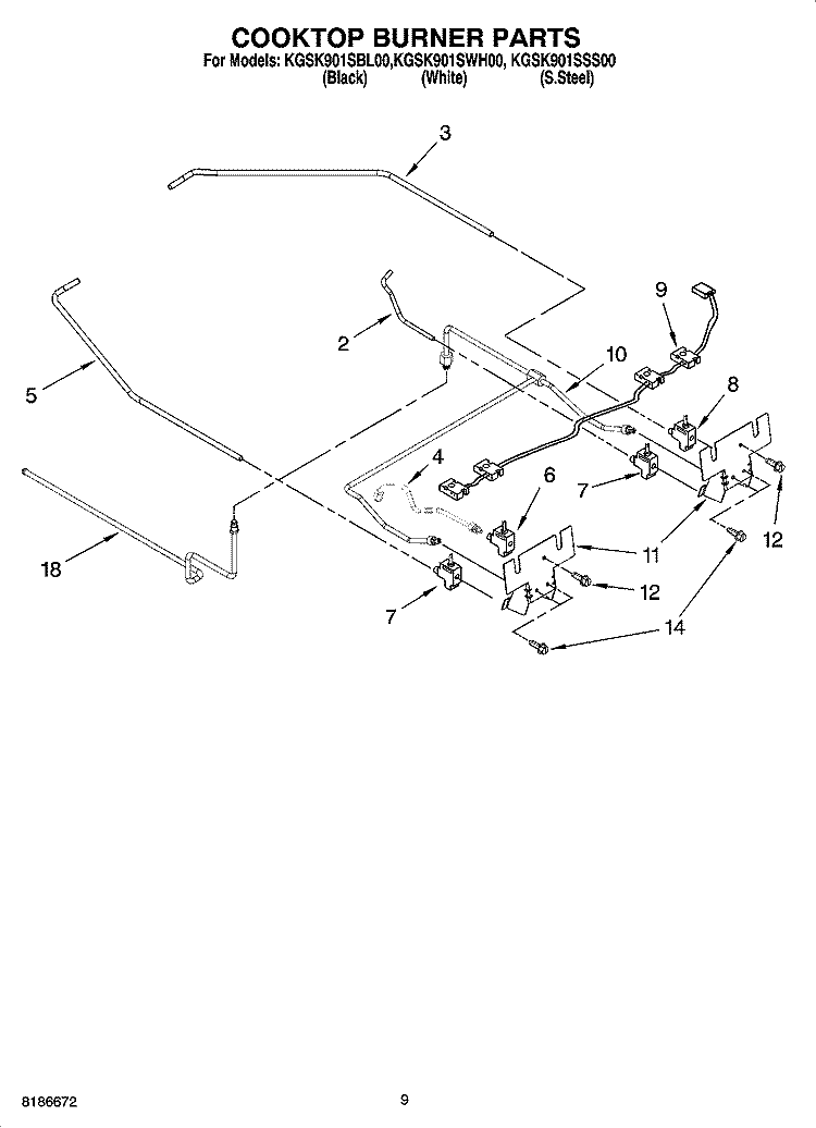 COOKTOP BURNER PARTS Diagram and Parts List for KGSK901SBL00  KitchenAid Range