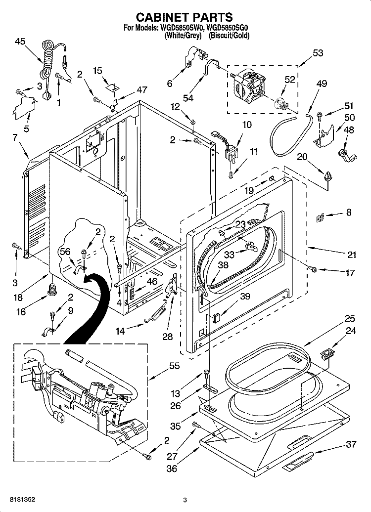CABINET PARTS Diagram and Parts List for WGD5850SG0  Whirlpool Dryer