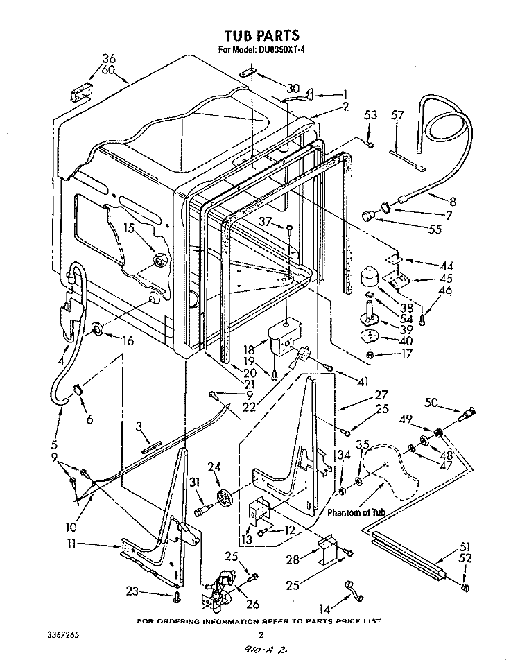 TUB, LITERATURE AND OPTIONAL Diagram and Parts List for DU8350XT4  Whirlpool Dishwasher