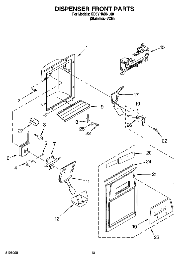 DISPENSER FRONT PARTS Diagram and Parts List for GD5YHAXNL00  Whirlpool Refrigerator