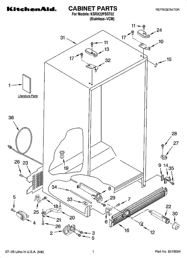 CABINET PARTS Diagram and Parts List for KSRX22FSST02  KitchenAid Refrigerator