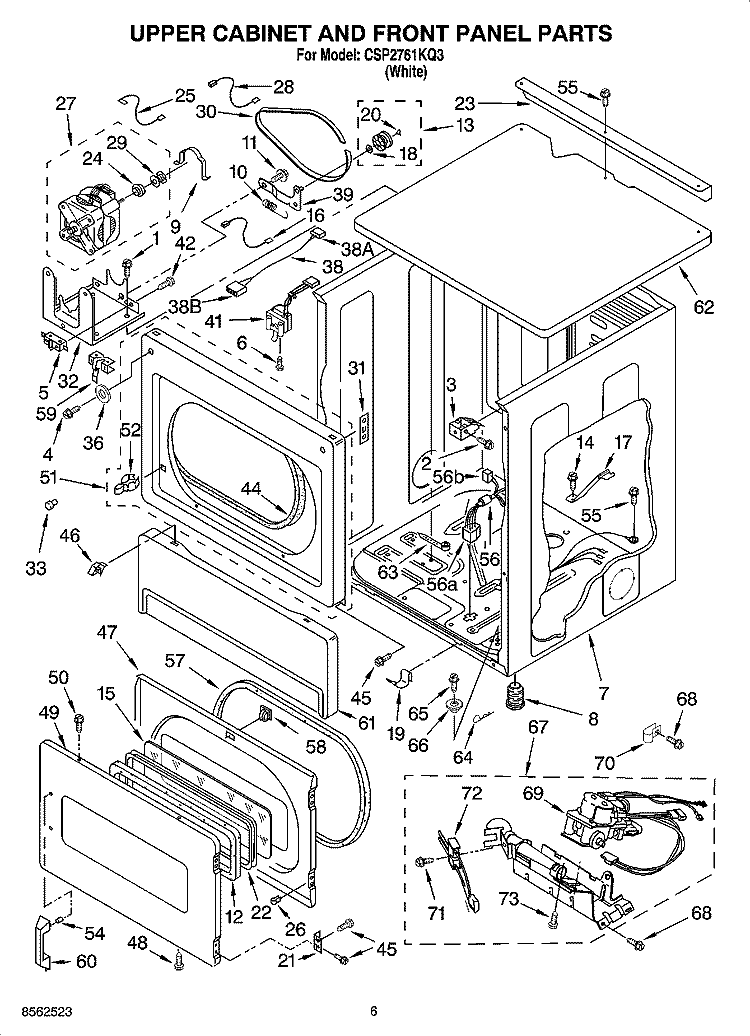 UPPER CABINET AND FRONT PANEL PARTS Diagram and Parts List for CSP2761KQ3  Whirlpool Dryer