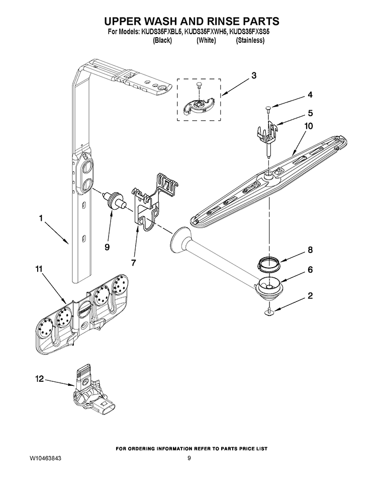 UPPER WASH AND RINSE PARTS Diagram and Parts List for KUDS35FXSS5  KitchenAid Dishwasher