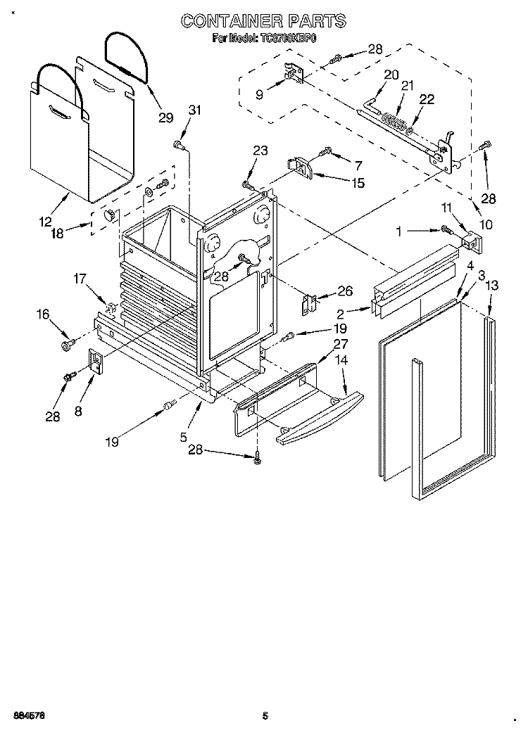 CONTAINER Diagram and Parts List for TC8700XBP0  Whirlpool Trash Compactor