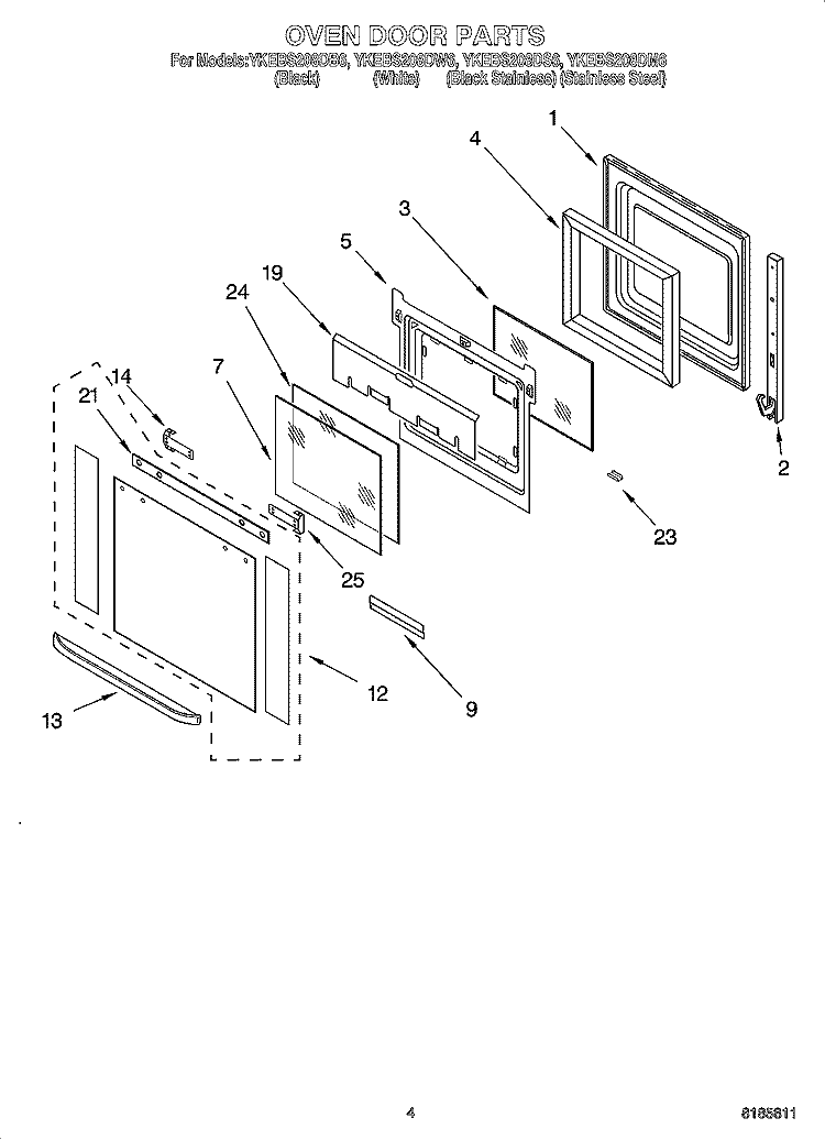 OVEN DOOR PARTS Diagram and Parts List for YKEBS208DB6  KitchenAid Wall Oven